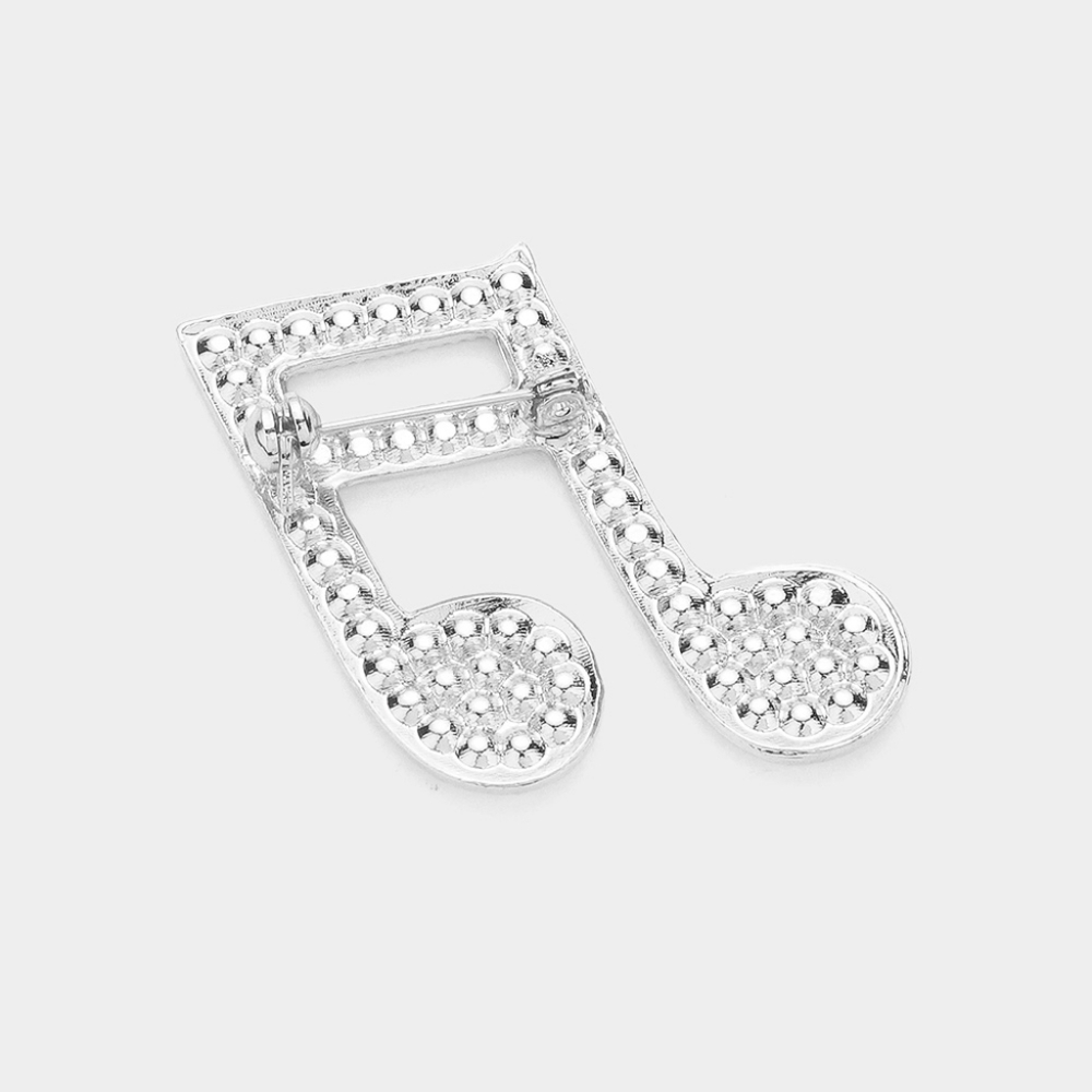 Silver Music Note Beamed Brooch Pin Pendant Rhinestone Statement Accessory - Picture 2 of 2